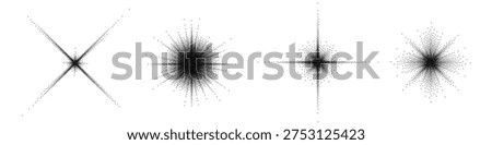 Black star burst, vector grunge sparkle with stipple grainy texture. Pointillism dots star gradient or dotwork pattern. Grain noise halftone