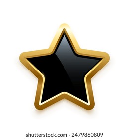 Black star button with golden frame vector illustration. 3d glossy elegant design for empty label, emblem, medal or badge, shiny and gradient light effect on plate isolated on white background.