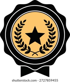 Una estrella negra está centrada dentro de un emblema circular dorado rodeado de anillos blancos y negros y una cinta negra.