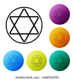 Black Star of David icon isolated on white background. Jewish religion symbol. Symbol of Israel. Set icons in color circle buttons. Vector Illustration