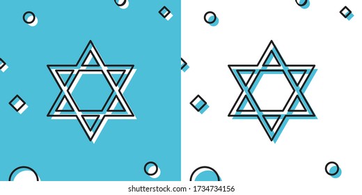 Black Star of David icon isolated on blue and white background. Jewish religion symbol. Random dynamic shapes. Vector Illustration