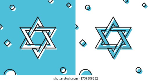 Black Star of David icon isolated on blue and white background. Jewish religion symbol. Random dynamic shapes. Vector Illustration