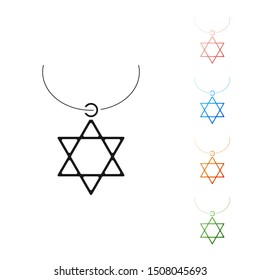 Black Star of David necklace on chain icon isolated on white background. Jewish religion symbol. Symbol of Israel. Jewellery and accessory. Set icons colorful. Vector Illustration