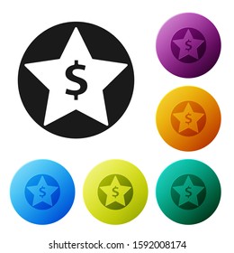 Black Star and dollar icon isolated on white background. Favorite, best rating, award symbol. Set icons colorful circle buttons. Vector Illustration