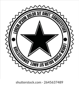 Black star emblem with circular text and serrated border on white background