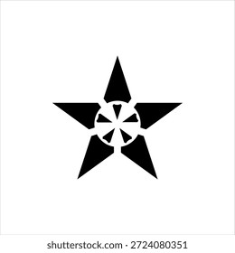 Emblema de estrela preta com pontas pontiagudas e padrão circular dentro em fundo branco