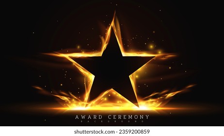 Black star frame with fire effects decorations and bokeh elements on dark scene. Award ceremony background. Vector illustration.