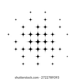 Padrão de meio-tom de estrela preta. Explosão abstrata de formas brilhantes em fundo branco. Projeto de aglomerado de estrelas pontilhadas retrô para quadrinhos, pop art ou efeitos decorativos. Ilustração vetorial.