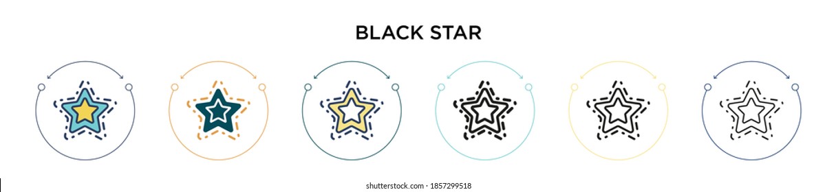 Icono de estrella negra en el estilo relleno, delgado, contorno y trazo. Ilustración vectorial de dos iconos vectoriales de estrella negra y de color se pueden utilizar para móviles, ui, web