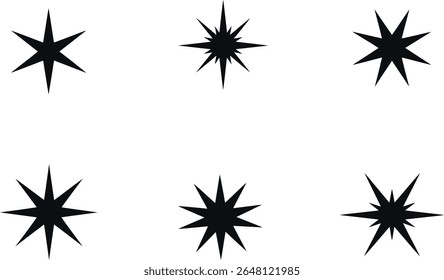 Coleção de Ícones de Estrela Preta com Múltiplos Pontos - Formas Decorativas de Vetor para Design e Ilustração