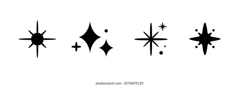 Black star icons, simple star designs. Star symbols, diverse star patterns. Festive element set. Vectors.