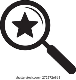 Black star inside a magnifying glass on a white background search symbol