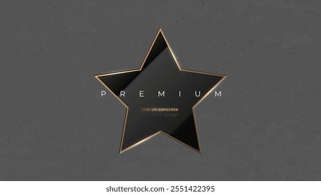 Black star label luxury glossy glass badge banner with golden edge trim. White text on black star shape tag embedded in concrete. Gray concrete wall background. Vector industrial design illustration