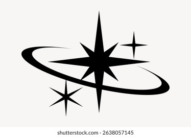 Black star and orbit design with three stars. Simple star pattern. Stars and orbit in black. Minimalist star and orbit illustration. Starburst illustration vector.
