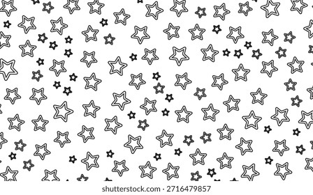 Esquemas de estrellas negras Fondo blanco, patrón de dispersión, diseño festivo, gráficos simples. Uso para fondos digitales, tarjetas de vacaciones o Elementos de Diseño web minimalistas, 178 caracteres