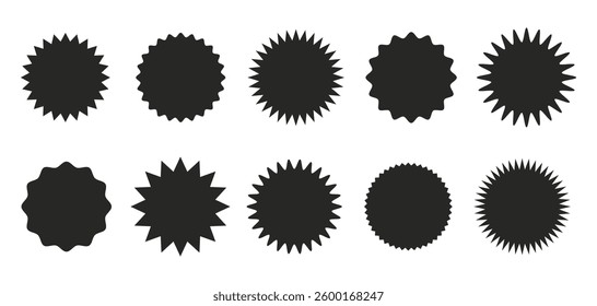 Black star round sticker tag icon shape set. Circle starburst label shape for promo, sale, price offer badge sticker. Round tag shape vector icon. Sale, promo label graphic design. Vector illustration