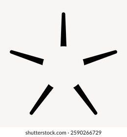 Black star shape with five points on a white background. The star's five points are evenly spaced, creating a symmetrical star shape. Simple star design. Star element vector.