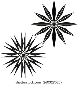 Black star shapes. Abstract geometric pattern. Symmetrical spiked design. Vector elements.