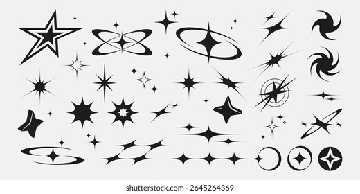Black star shapes collection with sparkle and bling effects - various geometric stars and bursts, swirls and spark design elements. Modern decorative graphics set for badges, retro space themes.