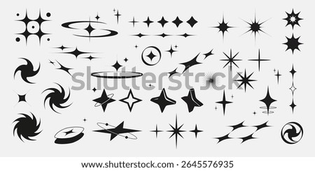 Black star shapes collection with sparkle and bling effects - various geometric stars and bursts, swirls and spark design elements. Modern decorative graphics set for badges, retro space themes.