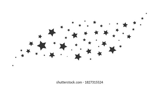 Black star silhouettes. Magic random decoration effect for christmas birthday or wedding cards, confetti glitter stars, sparkle curved strip mockup, vector chaotic decor isolated on white background