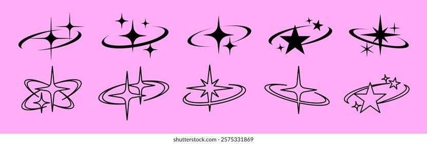 Black star and sparkle icons on a pink background. Stars and sparkles create a whimsical, celestial theme. Stars and sparkles in various styles. Sparkles element vector set.