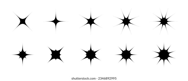 Schwarzer Stern und funkelnde Formen setzen. Retro-Tinkle-Kollektion. Abstraktes y2k Starburst-Shine-Effect-Pack. Designelemente für Vorlage, Poster, Banner, Logo, Karte, Symbol. Vektorgrafik-Paket