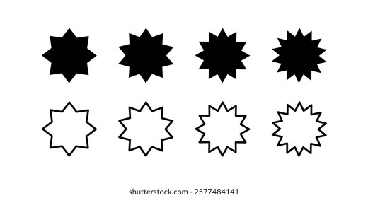 Black star and sun shape collection. Set of price, voucher, discount, sale sticker or tag.  Can be used in market place, online shop, or web shop. Flat design isolated on white background.