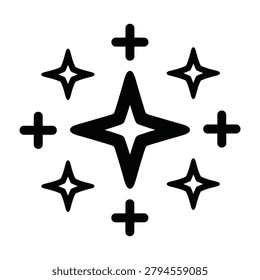A black star symbol surrounded by plus signs and starbursts on a clean white background