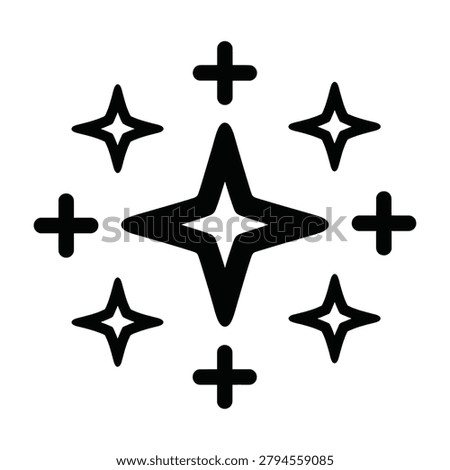 A black star symbol surrounded by plus signs and starbursts on a clean white background