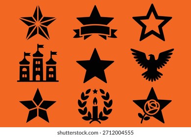 Símbolos de estrella negra y águila sobre estrellas de fondo naranja