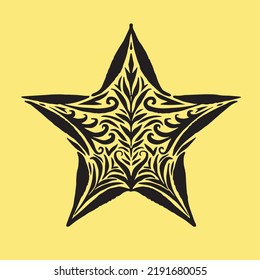 Black star symmetrical with decorative botanical pattern for tattoo or other decorative design vector illustration on yellow background