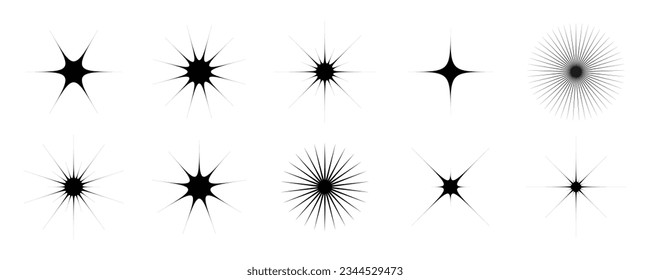 Black star and twinkle shapes set. Retro bling collection. Abstract y2k starburst shine effect pack. Design elements for template, poster, banner, logo, card, icon. Vector illustration bundle