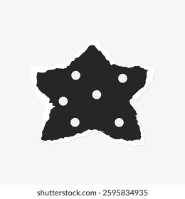 Black star with white polka dots on a white background. The star shape is distinct with a playful polka dot pattern. Simple and bold star design. Ripped paper vector.