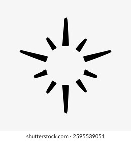 Black starburst icon with eight symmetrical rays on a light gray background. Simple starburst design, perfect for logos or symbols. Starburst graphic illustration. Doodle illustration vector.