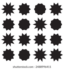 Black starburst icon set of different rays.