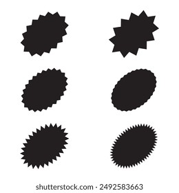 Black starburst icon set for price sticker, sales tag.