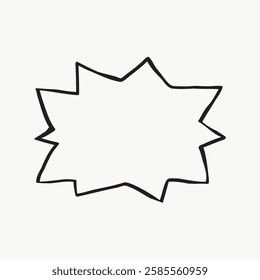 Black starburst outline on white background, featuring jagged, irregular edges. The starburst shape is bold, dynamic, and eye-catching, perfect for emphasis. Fun doodle illustration vector.