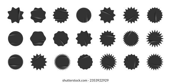 Black starburst set with grunge retro texture. Sticker kit collection for price, sale, discount. Modern star burst for promotional, ad. Vector illustration isolated on transparent background