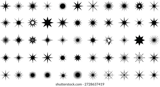 Black starburst shape grid, hand-drawn radial icons with geometric spikes, snowflake patterns for abstract design and symmetry