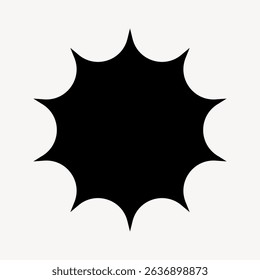 Black starburst shape with sharp edges on a white background. Starburst design, bold black starburst, striking pattern, simple starburst graphic. Geometric shape vector.