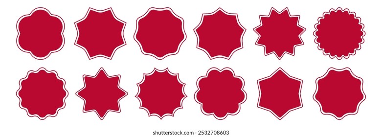 Black Starburst silhouette sticker collection. Circle Stamp Blank set. Wavy scallop zigzag edge shapes. Promo Sale Offer Price tag icon. Simple Frame. Flat design labels. Vector illustration
