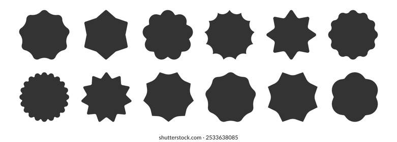 Black Starburst silhouette sticker collection. Circle Stamp Blank set. Wavy scallop zigzag edge shapes. Promo Sale Offer Price tag icon. Simple Frame. Flat design labels. Vector illustration