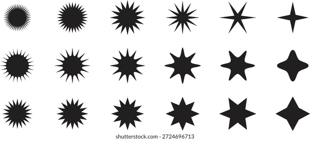 Black starburst and sparkle shape set in bold silhouette style. Abstract sunburst, flash, and explosion icons in multiple forms. Perfect for badges, highlights, logos, and graphic accents.