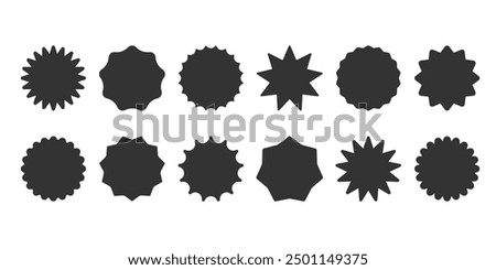 Black Starburst sunburst shape collection. Set of price, sale, discount offer circle frames sticker. Simple Abstarct star shape badge label icon button stamp. Design element. Vector illustration