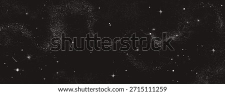 Black starry sky with milky way galaxy, nebula dust clusters and bright stars scattered across dark universe background. Cosmic night space texture scene for astronomy or science fiction designs.