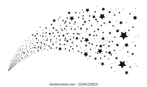 Black stars background. Abstract shooting star with tail, falling comet. Asteroid or meteoroid with starring tail. Decorative neoteric vector magic design