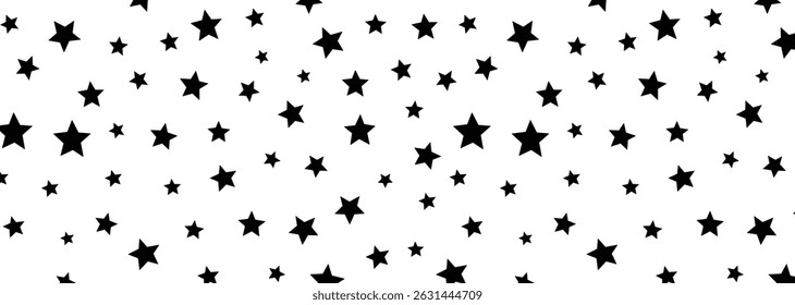 Black stars confetti background vector illustration. Stylish scattered starry elements pattern isolated on White Background.	