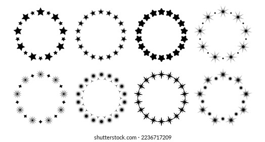 Black stars frames, simple circle star banners template. Various starry silhouettes cutting design, vector round ornaments set