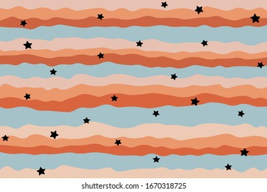 Black stars on abstract wavy multicolored background of blue sky with clouds.